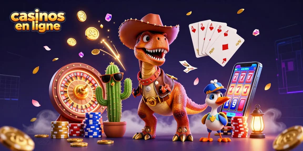 Participez à l'action palpitante des casinos en ligne avec un dinosaure cowboy et ses amis parmi des éléments de jeu vibrants.
