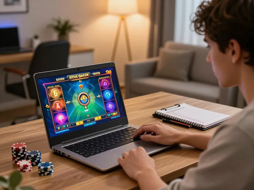 Engaging in strategic gameplay with a situs gacor slot game on a high-resolution laptop, showcasing an inviting modern home office.