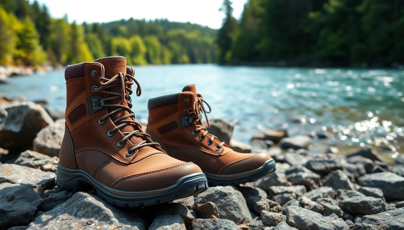 Showcasing durable Fly fishing boots on a riverbank with vibrant green surroundings.