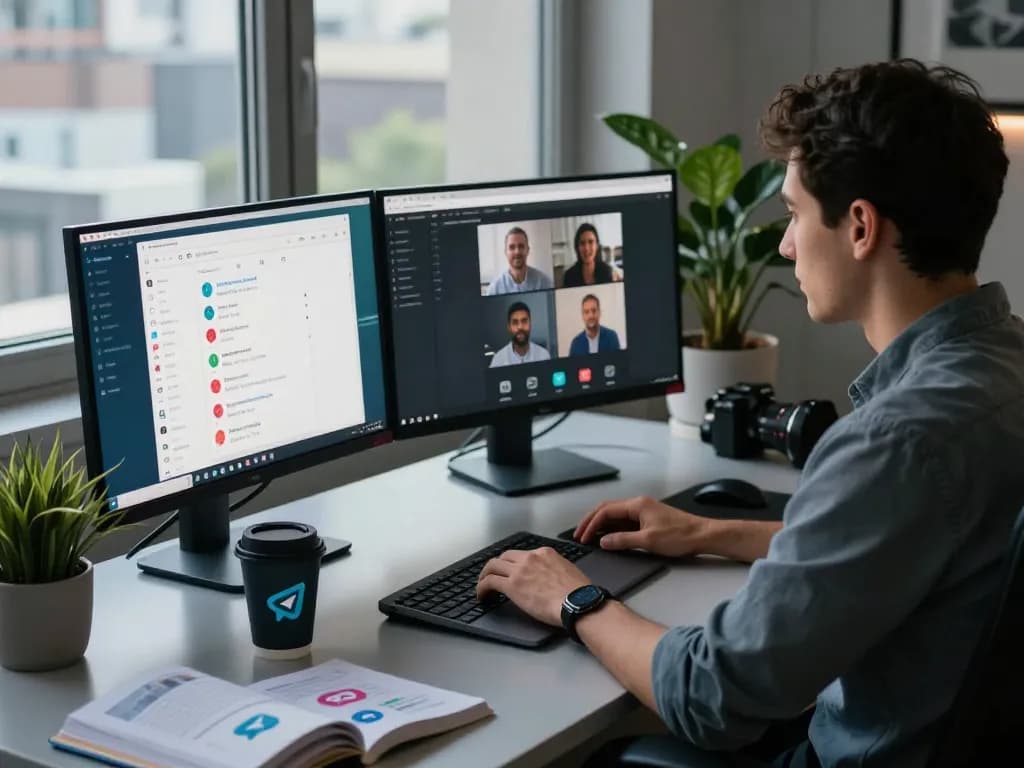 Developer working on Telegram 电脑版 in a modern workspace with dual monitors and city view.