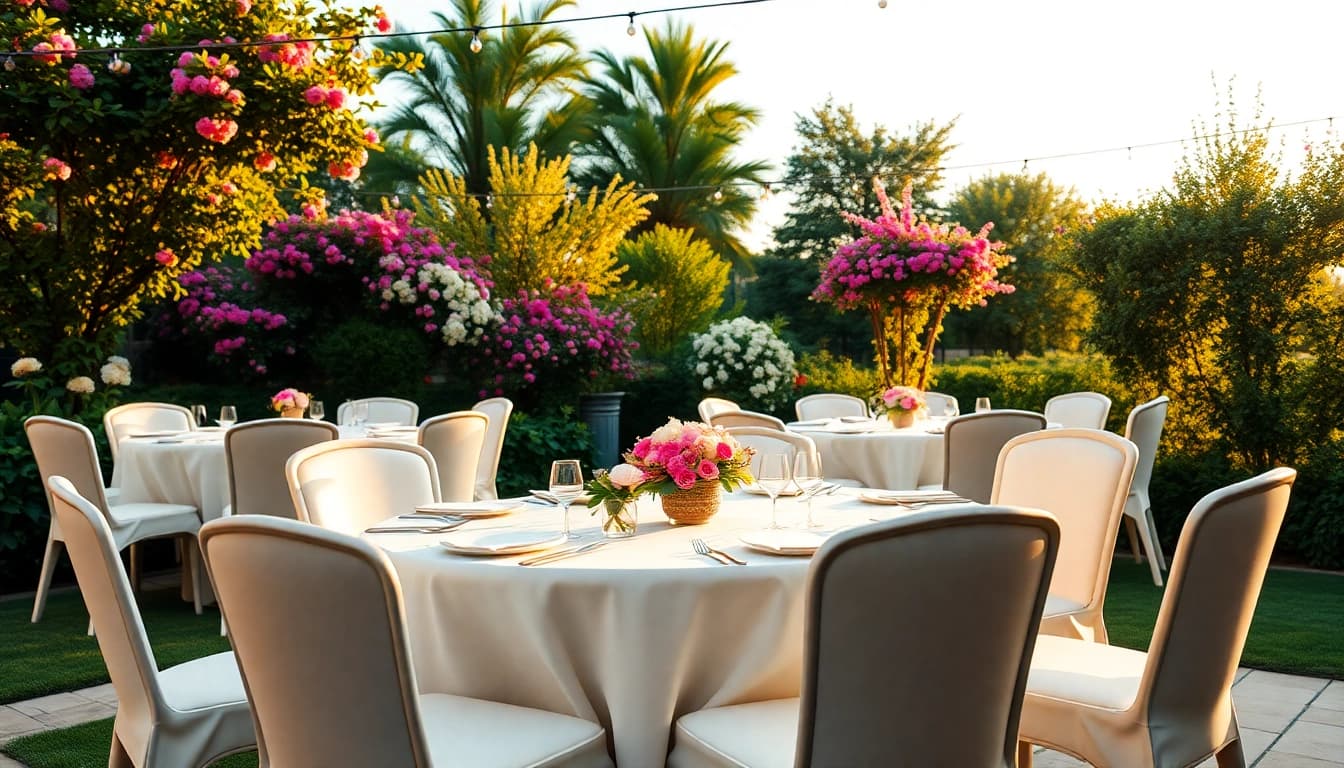 Table & Chair Rentals showcased in an elegant outdoor event setup with floral arrangements.