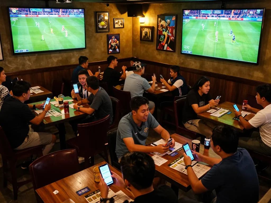 Engaging fans utilizing kèo nhà cái 5 in a lively sports bar for betting.