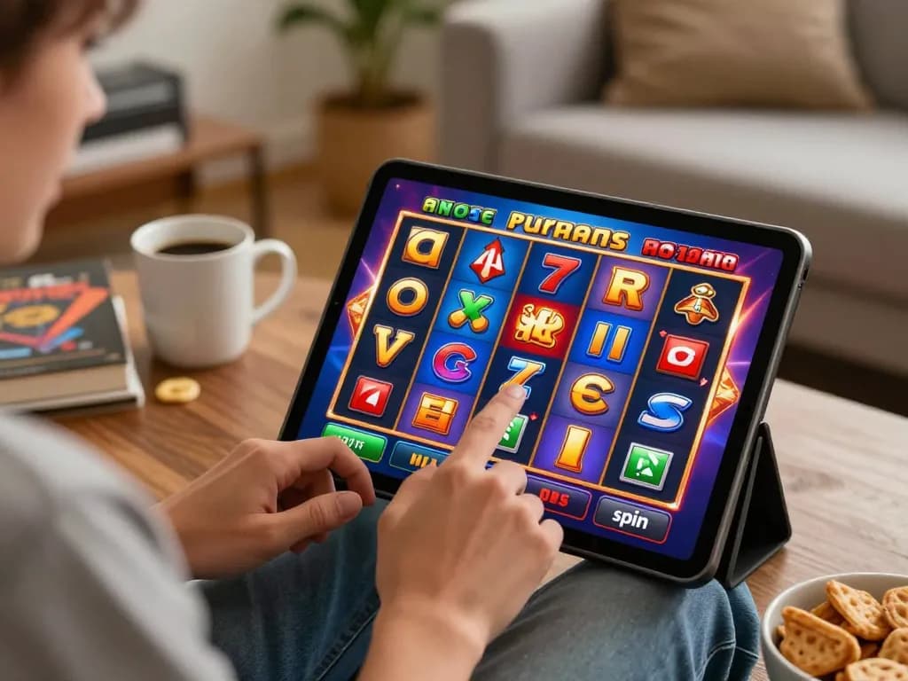 Engaging moment playing online slots for a slot bonus 100 at home, showcasing a dynamic gaming setup.