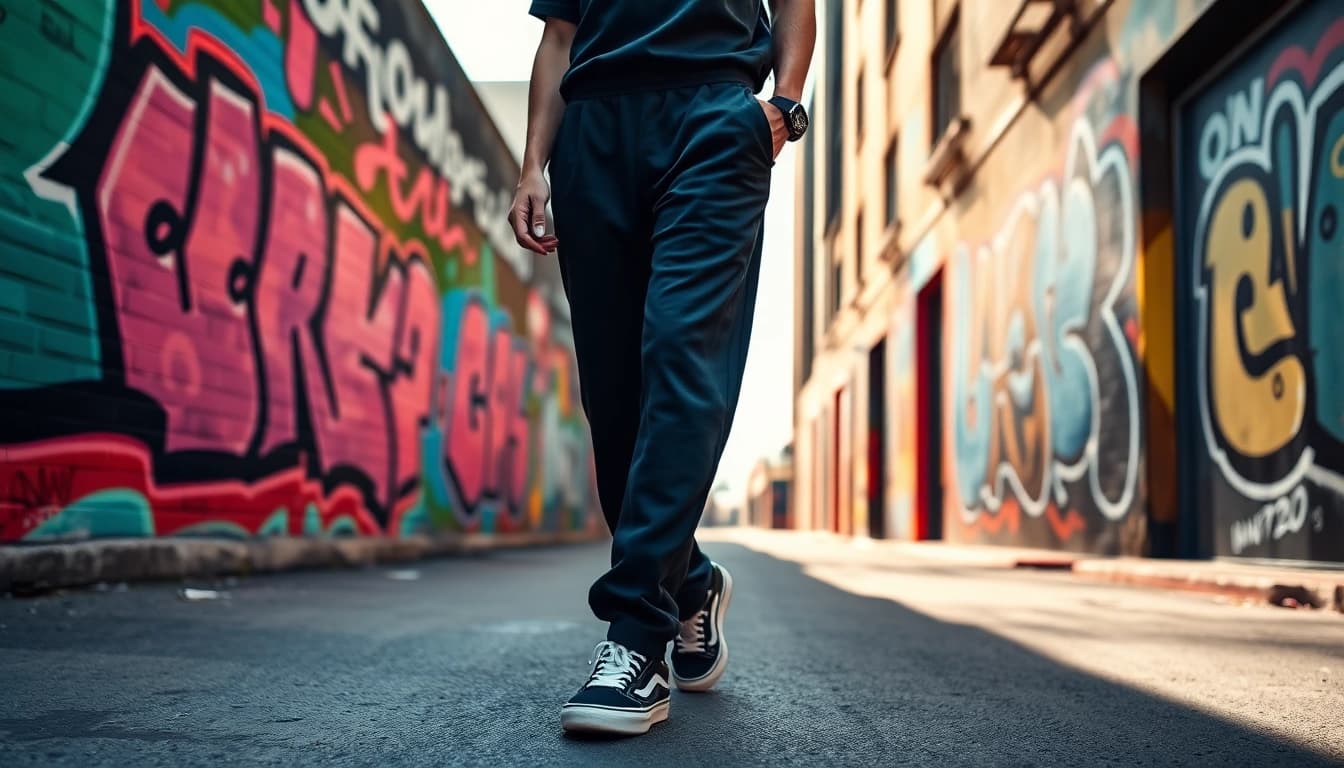 Wearing black baggy sweatpants while walking confidently in an urban environment.