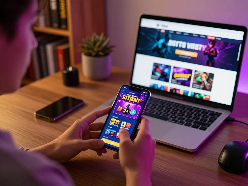 Engaging with situs slot game on smartphone while planning strategies on a laptop in a cozy home setting