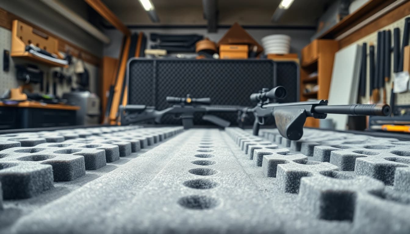 Foam for rifle case displayed in a workshop, emphasizing quality and craftsmanship.