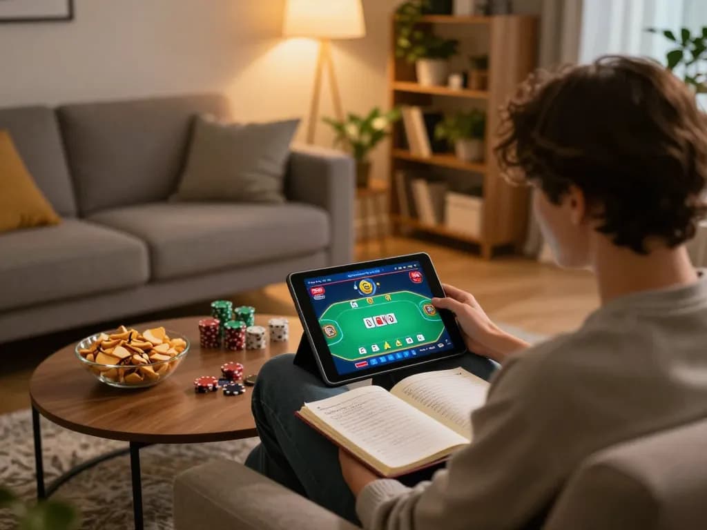 Engaged player enjoying poker game on 888top's online platform at home with strategic notes nearby.