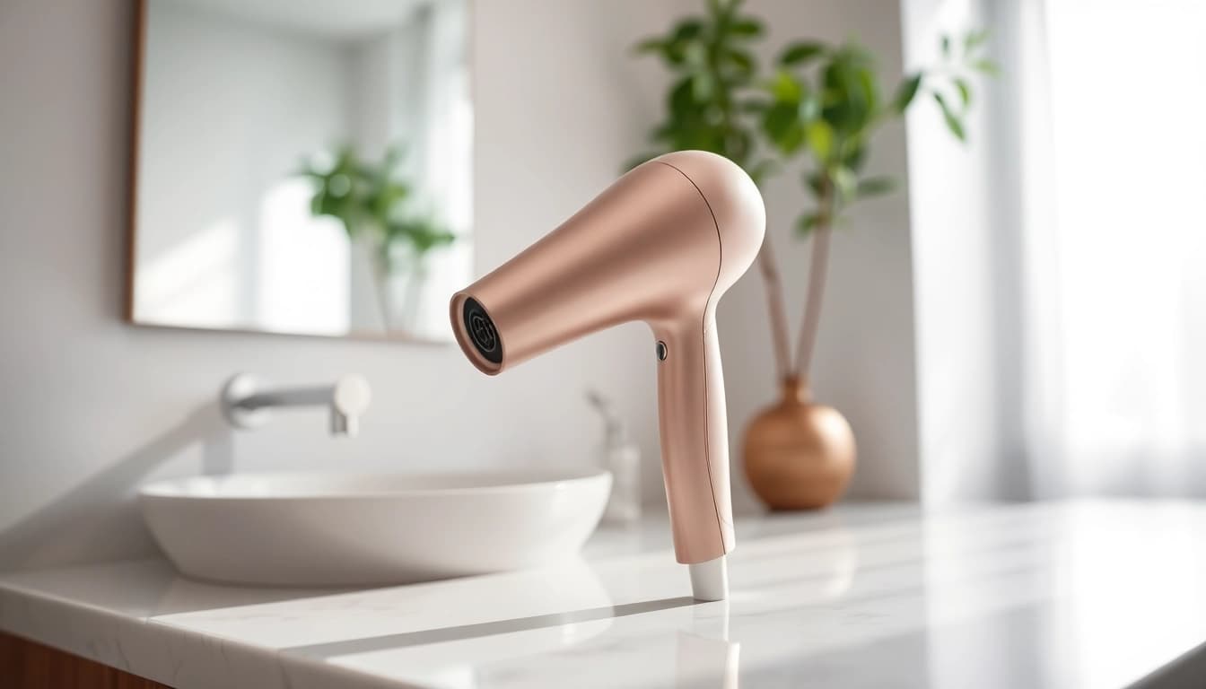 Ionic hair dryer showcasing sleek design and metallic finish in a modern bathroom setting.