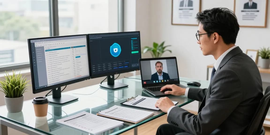 Expert consultant helping clients to recover stolen cryptocurrency in a modern office.