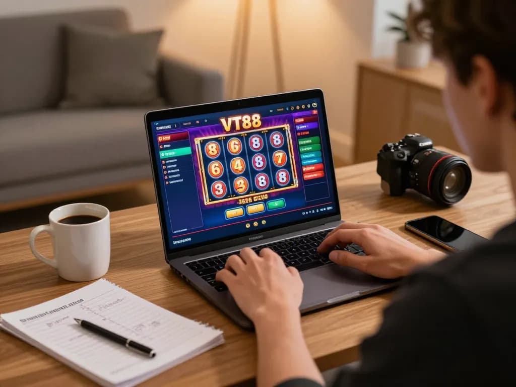 Engaging gaming scene with a user playing VT88 casino online, showcasing lively graphics and setup.