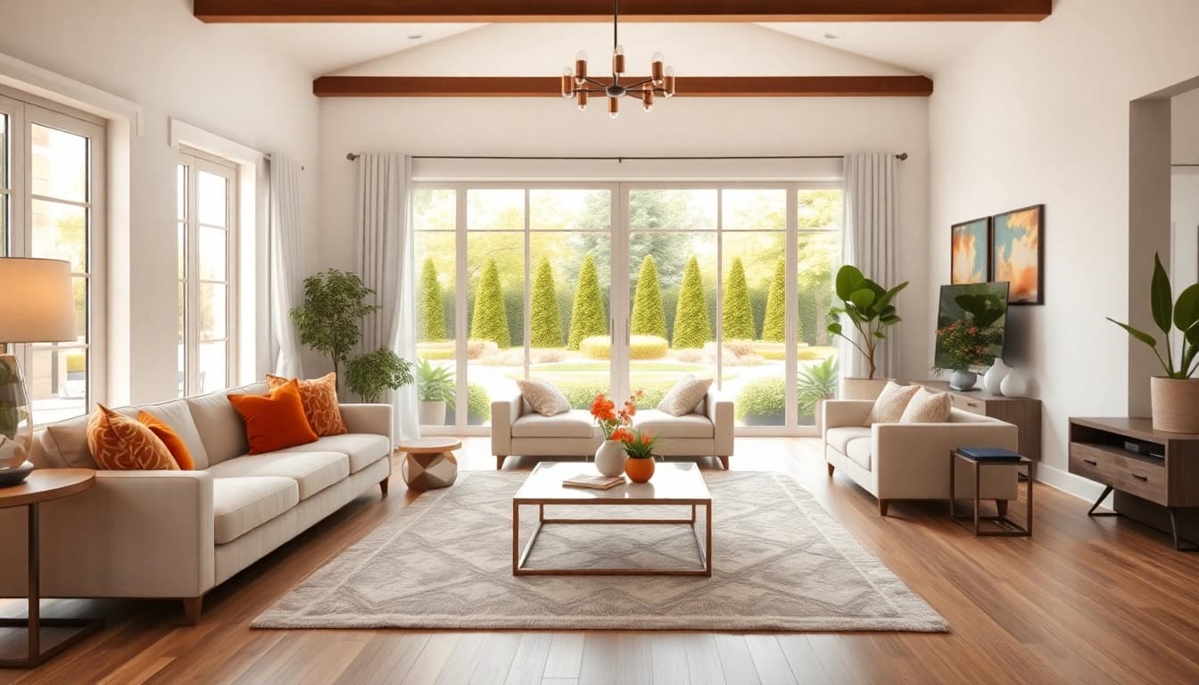 Real Estate agent presenting a beautiful modern house interior in an inviting atmosphere.