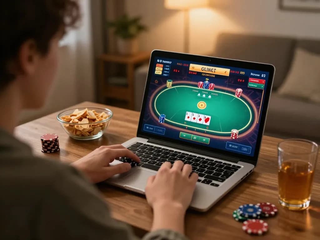Person engaged in online poker at home, enhancing their sc88 gaming strategy in a cozy setting.