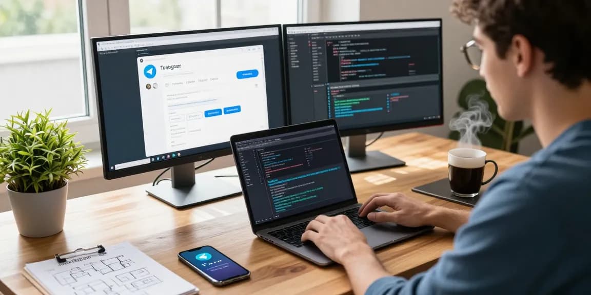 Developer using 纸飞机中文版 on dual monitors in a modern workspace
