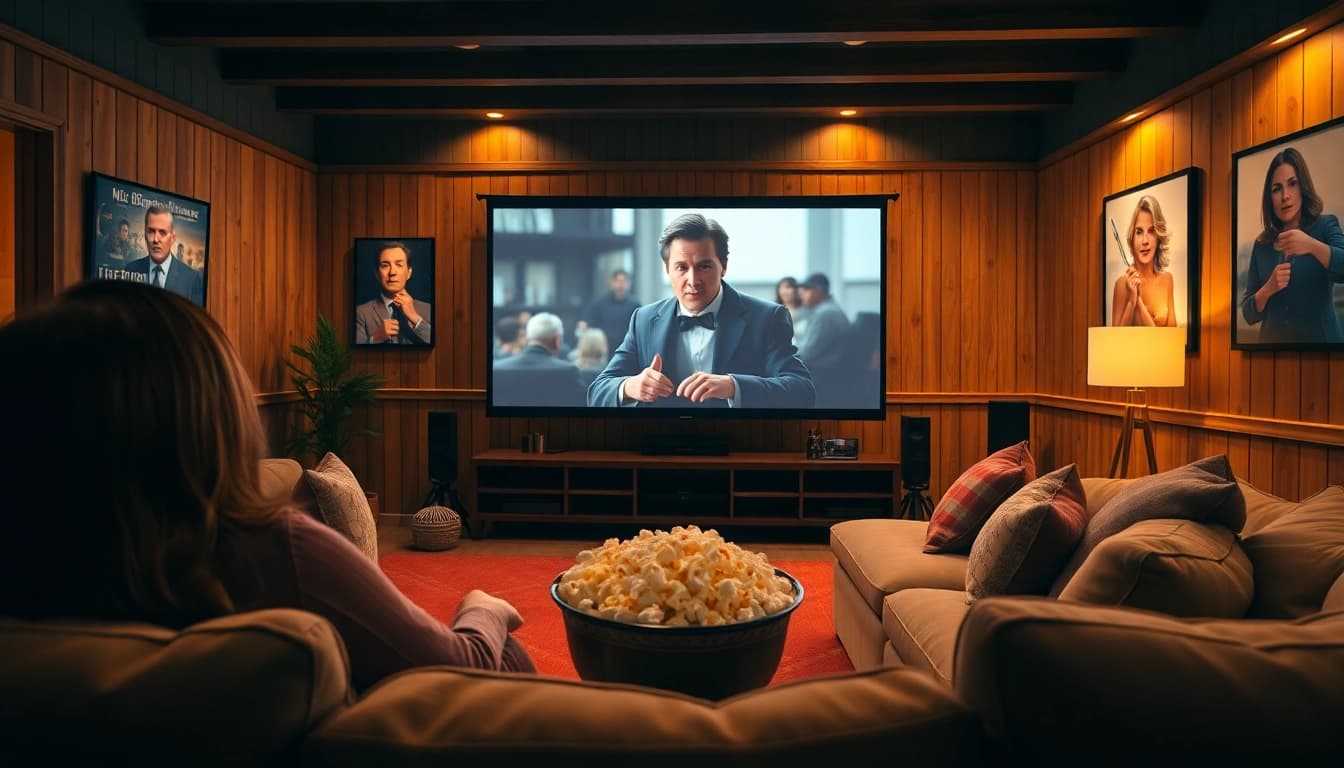 ดูหนังในห้องนั่งเล่นอบอุ่นพร้อมป๊อปคอร์นและภาพยนตร์คลาสสิกบนจอใหญ่