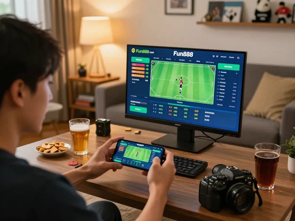Placing a bet on Fun88 com using a smartphone in a lively sports betting scene