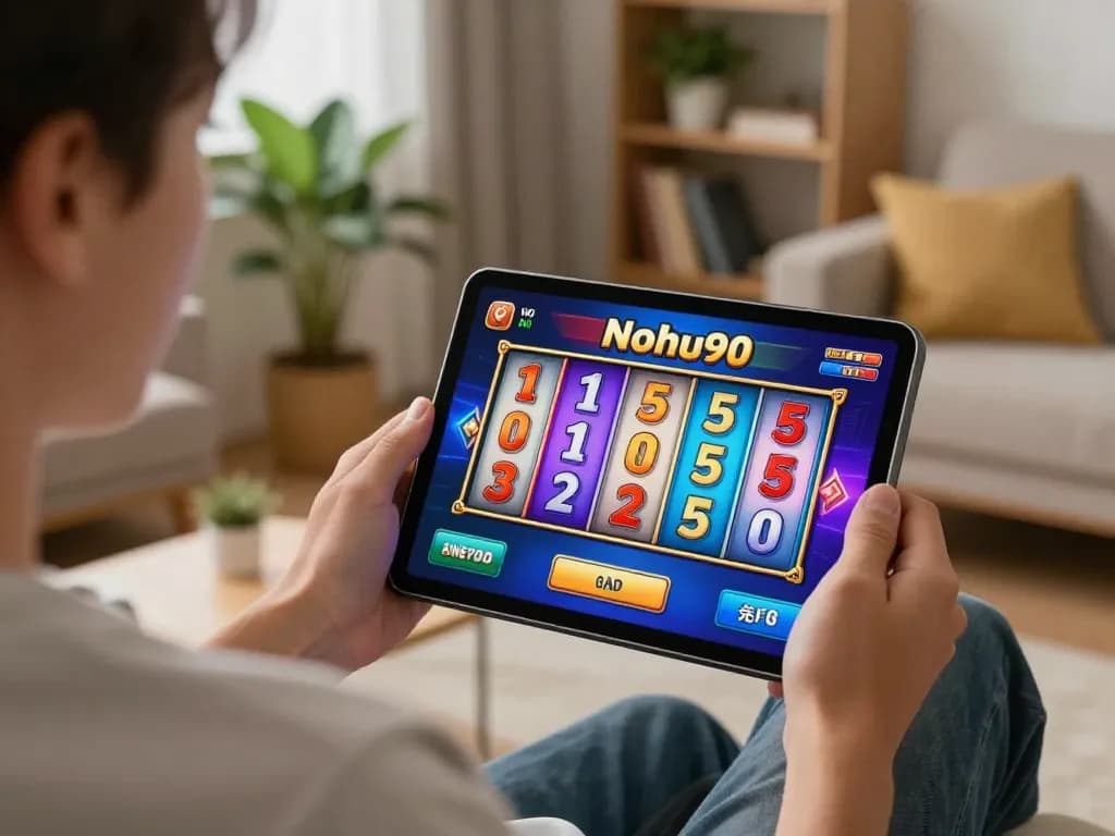 Nohu90 player enjoying slots on a tablet in a cozy setting with engaging visuals.