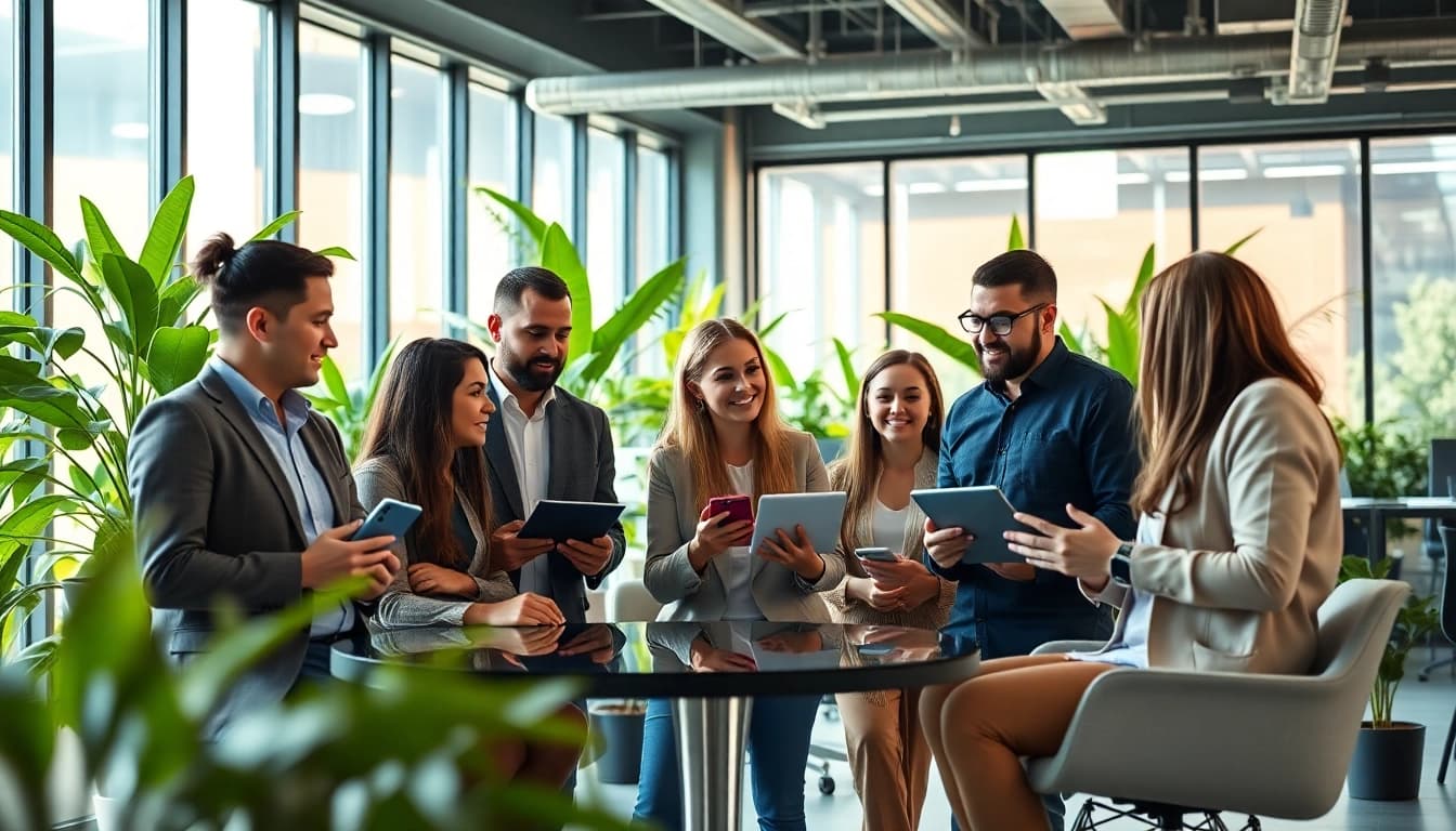 SEO Agentur-Team arbeitet kreativ in einem modernen Büro und fördert deren Zusammenarbeit.