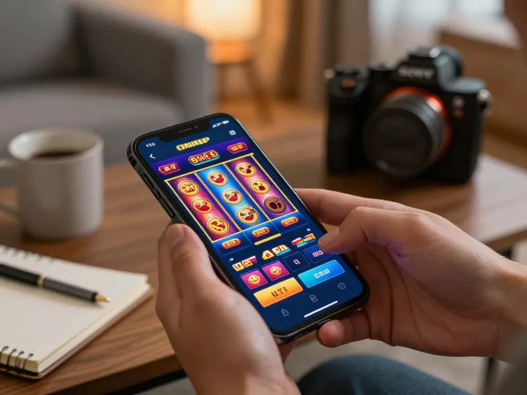 B52 gaming experience with a smartphone showcasing vibrant slots, emphasizing engaging online gambling.