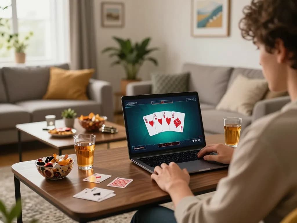 Engaged player enjoying online poker experience on 888top in a cozy home setting