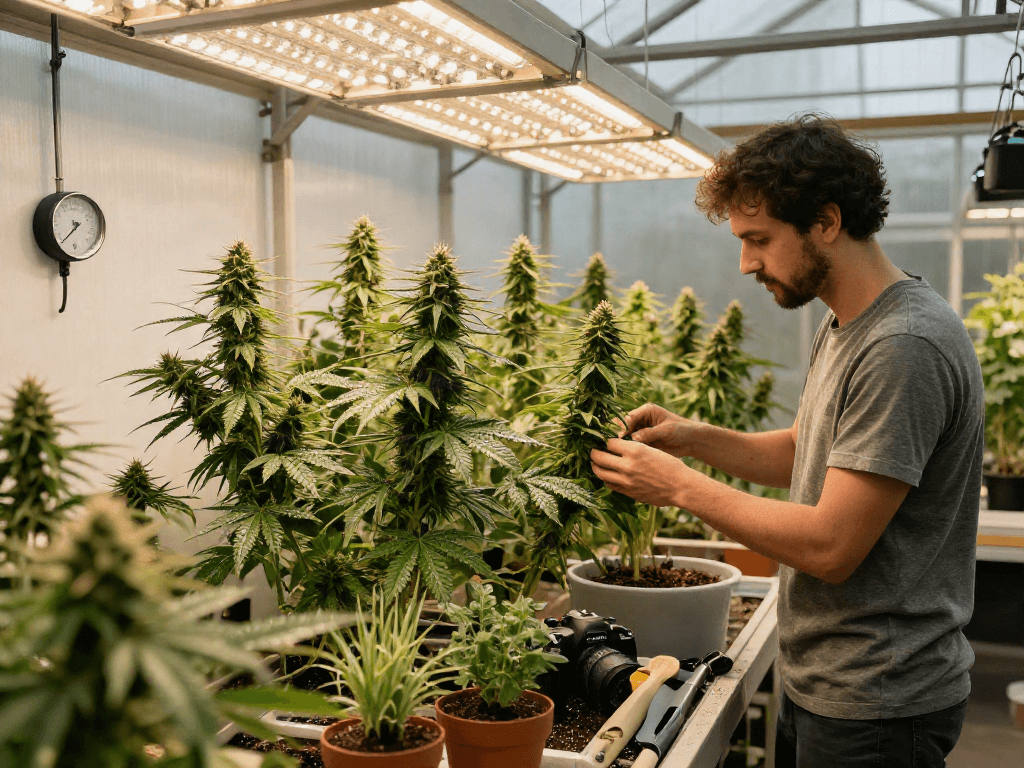 Cultivating Camino cannabis in an indoor greenhouse with vibrant plants and gardening tools.