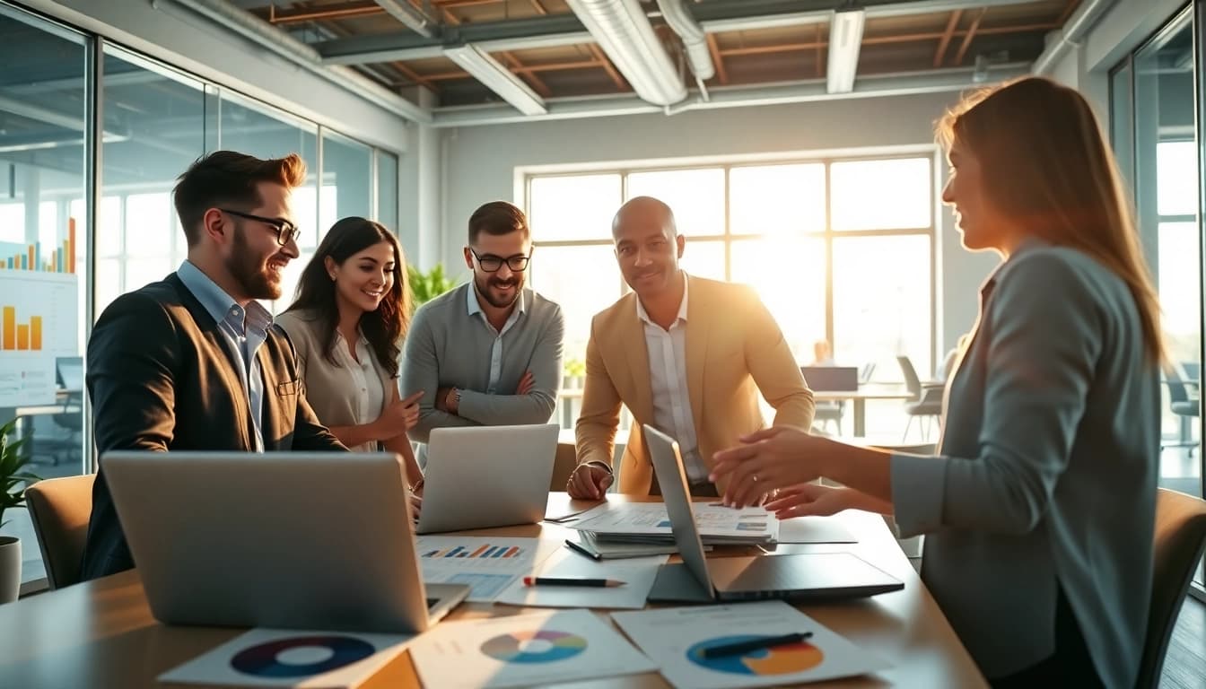 Team at a social media agency collaborating in a vibrant office setting with digital tools.