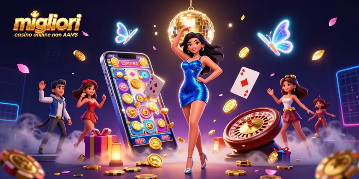 Migliori casino online non AAMS che mostrano una donna glam che balla tra elementi vibranti di casinò e monete d'oro da poker.