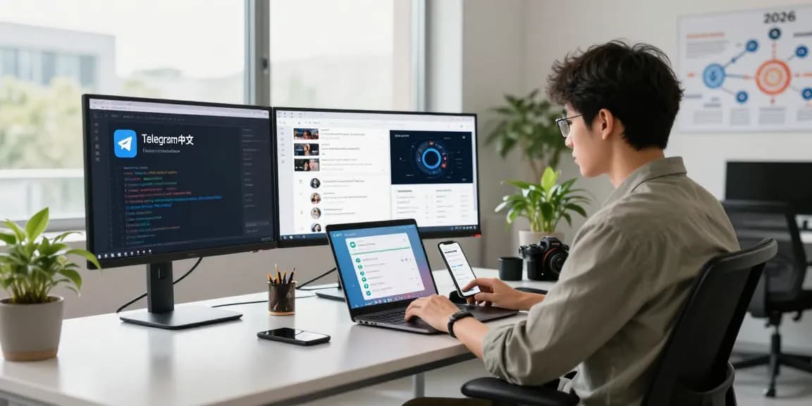 Explore Telegram中文 in a modern workspace, showcasing tech interface and communication trends.