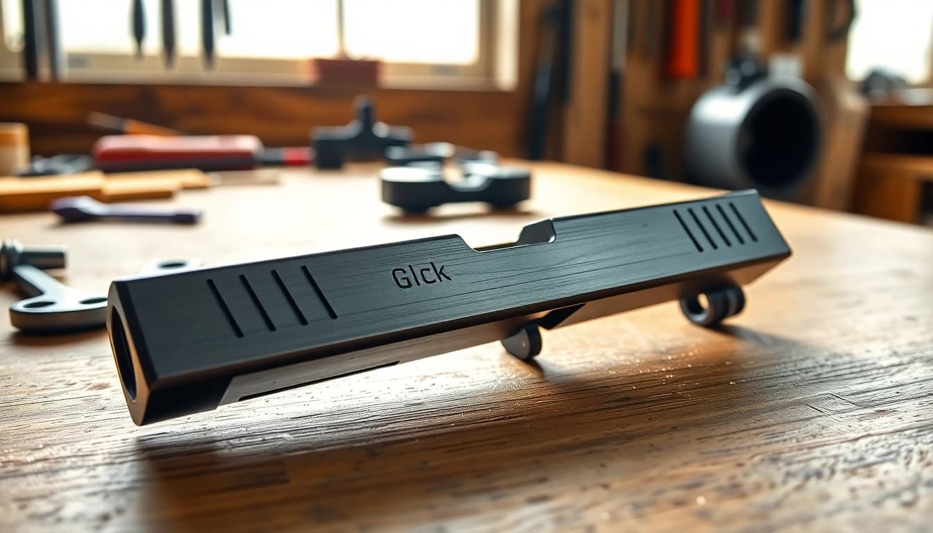 Display of Glock 17 slide OEM highlighting its detailed craftsmanship and robust design.