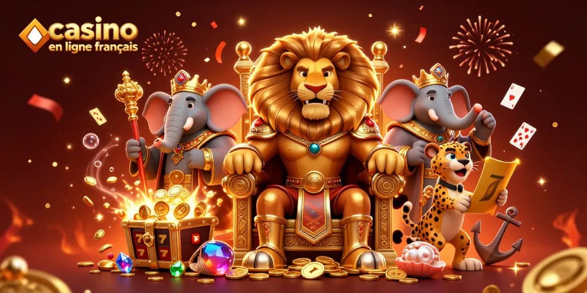 Jouez au casino en ligne français avec le roi lion et des éléments de jeux d'argent vibrants.