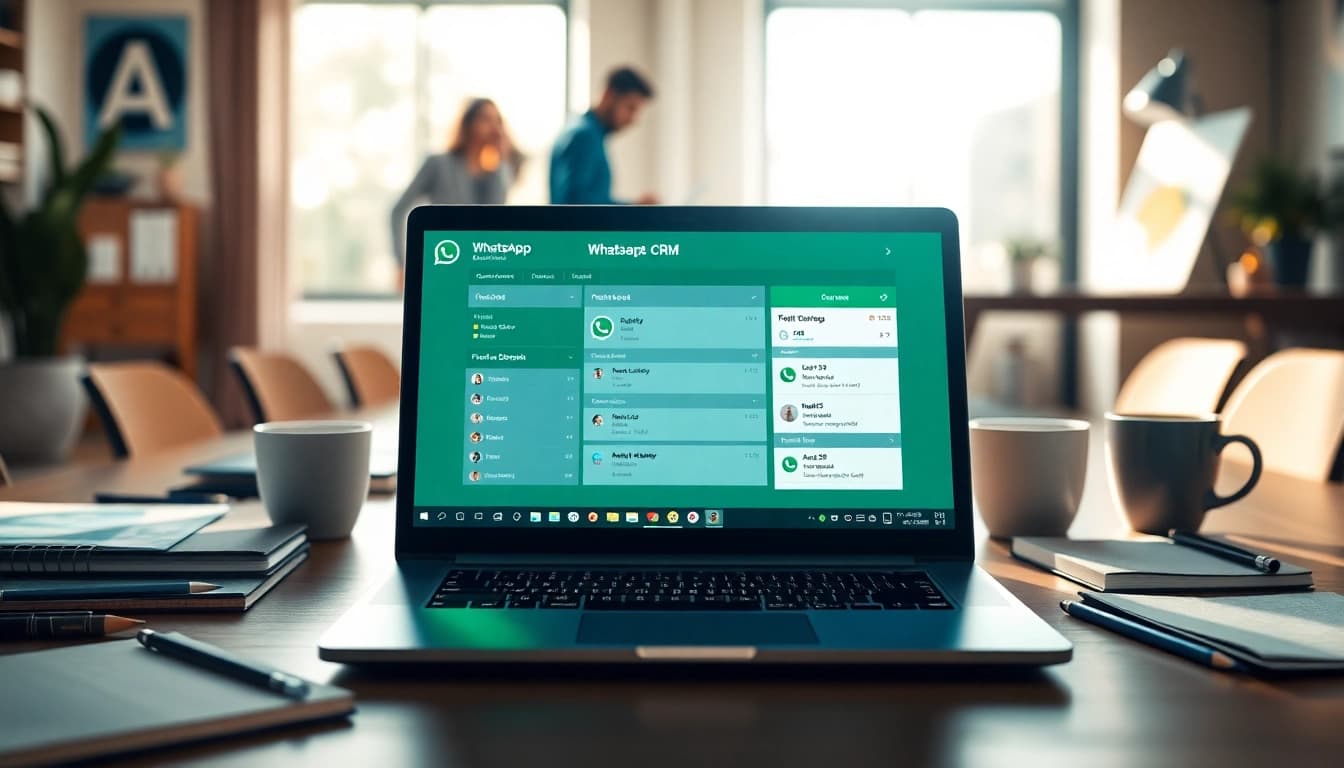 Utilize WhatsApp Business CRM on a laptop in a professional workspace setting.