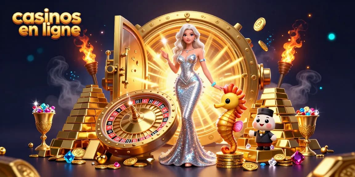 Découvrez les casinos en ligne avec une femme élégante près d'une roulette dorée au milieu d'une scène remplie de trésors.