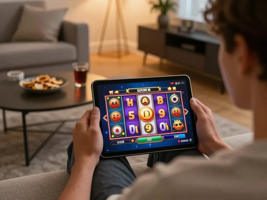 Engaging gameplay on a tablet using depo 10k strategy in a cozy living room atmosphere