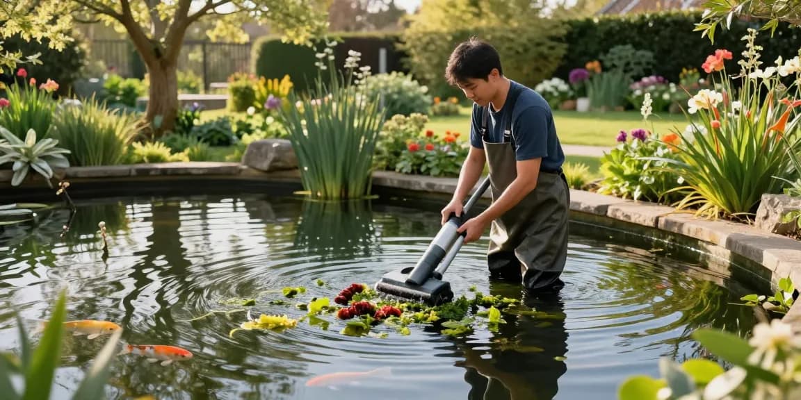 Pond cleaning Surrey with professional cleaner using vacuum in serene garden pond, surrounded by greenery and koi fish.