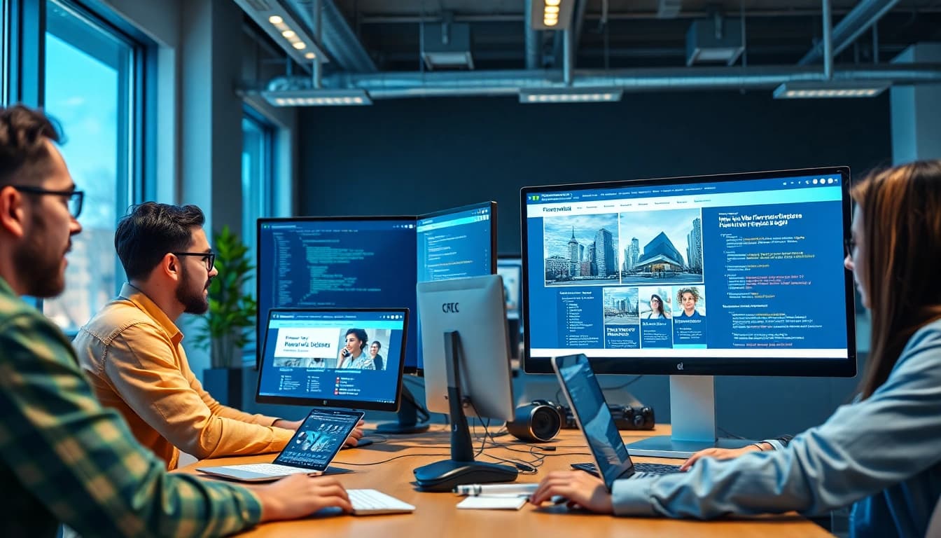 Team collaboration on thiết kế website theo yêu cầu in a modern office.