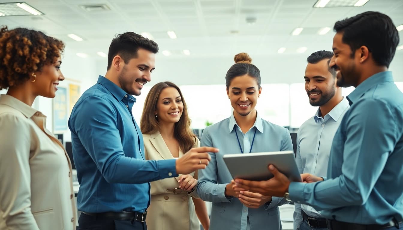 Fast warranty claim decisions being executed by a diverse team in a bright office.