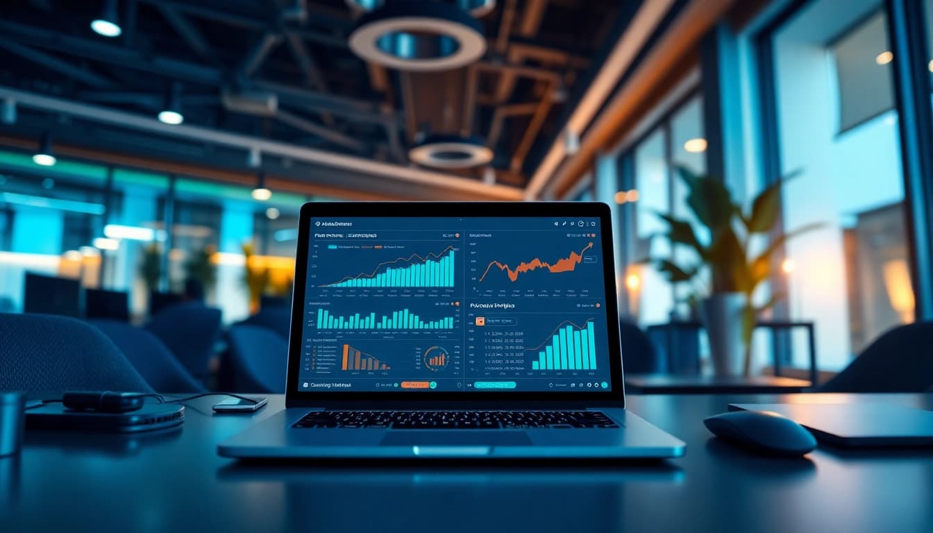 Infosec-focused e-commerce monitoring setup showcasing price tracking analytics in a modern office.