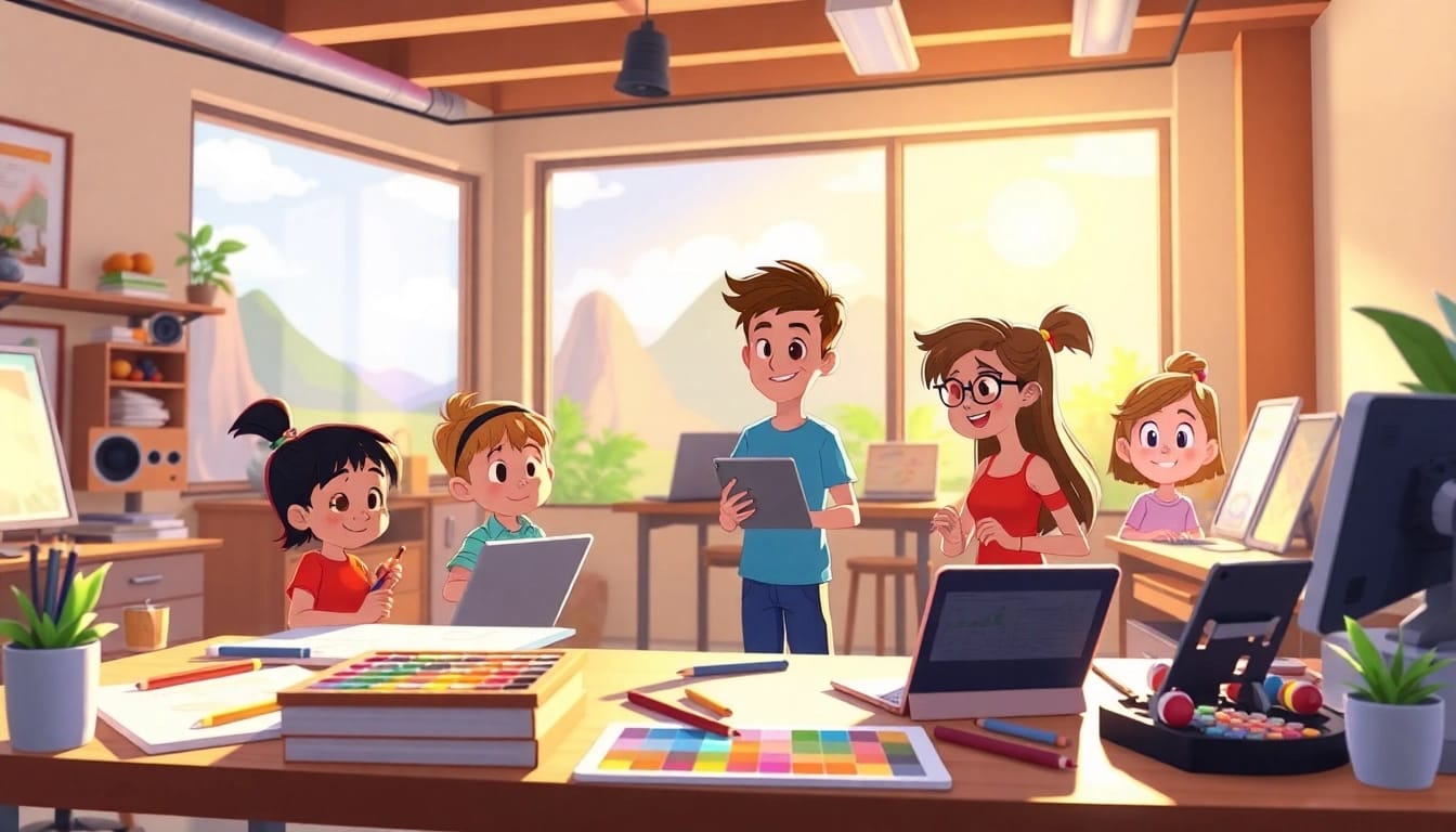Faszination der 2D Animation mit einem animierten Charakter und kreativen Werkzeugen in einem Studio.