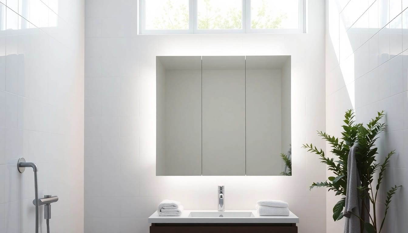 Showcasing a stylish bathroom cabinet with mirror and light in an elegant setting.