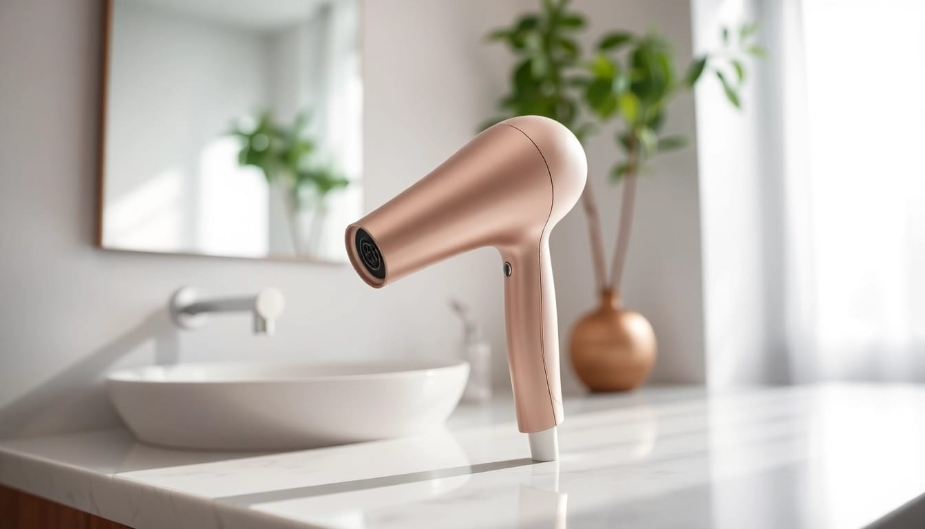 Ionic hair dryer showcasing sleek design and metallic finish in a modern bathroom setting.