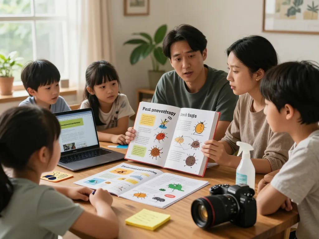 Pest prevention strategies discussed by a family around the table with charts and guides.
