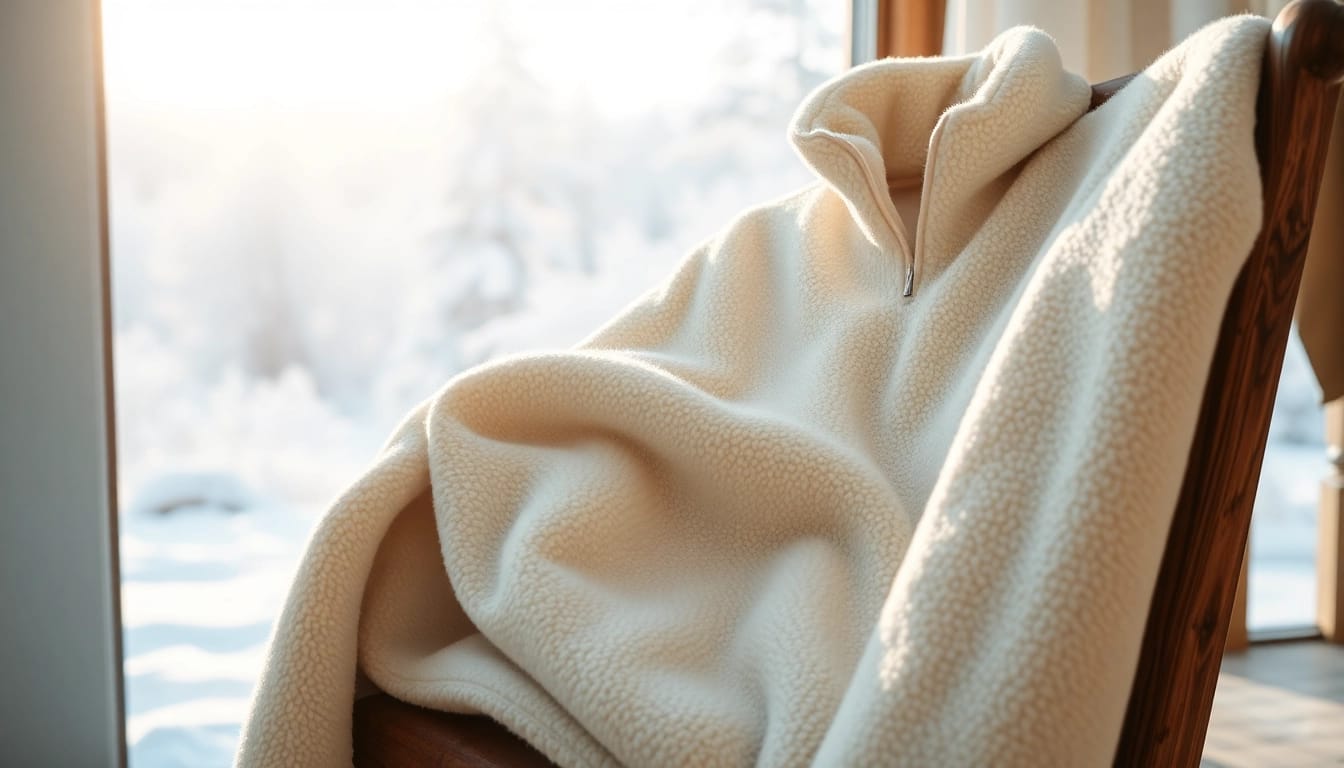 Fleece kledingstukken in een gezellige winteromgeving met zachte, kwaliteitsvolle details.