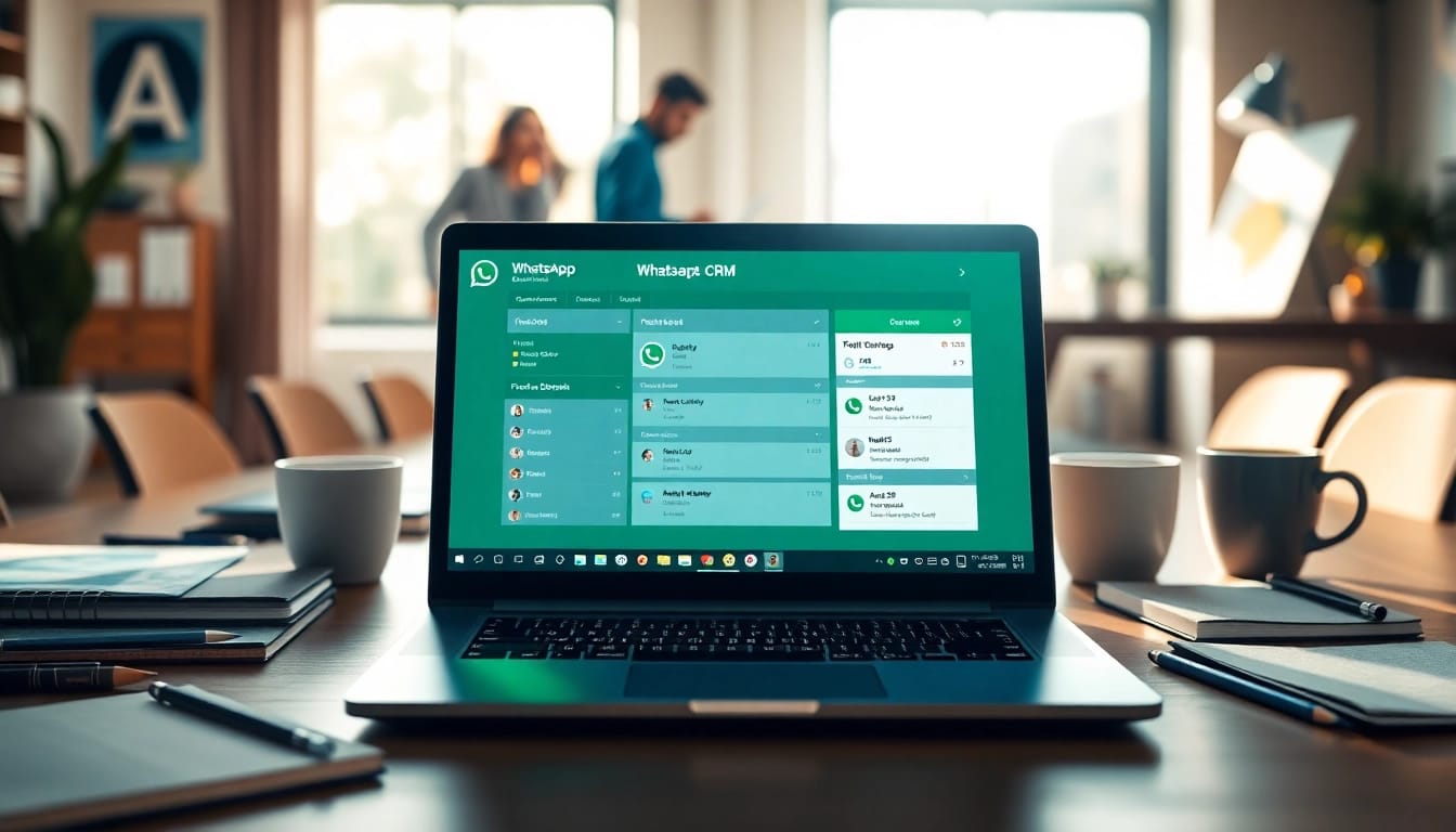 Utilize WhatsApp Business CRM on a laptop in a professional workspace setting.