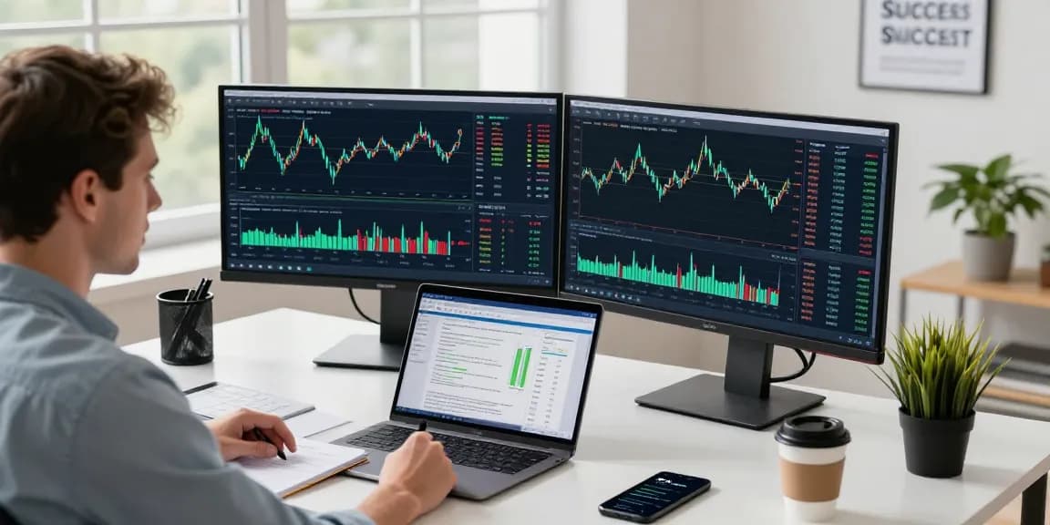 Forex trader analyzing market trends using mt4 on multiple screens in a modern workspace.