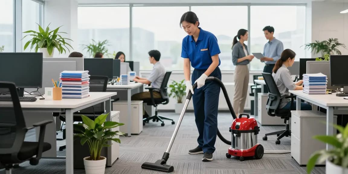 Office cleaning service technician vacuuming workspace for atscleaning.co.uk with bright natural lighting and organized environment.