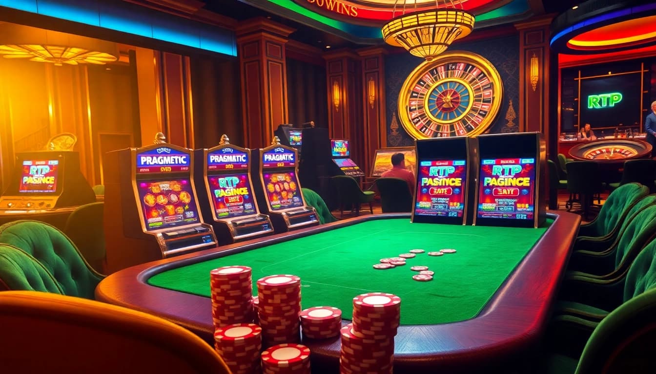 Experience the thrill of rtp pragmatic play at a luxury casino table with vibrant slots and poker chips.