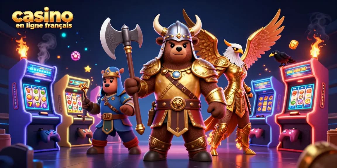 Jouez au casino en ligne français avec un ours viking et une aigle valkyrie dans un monde coloré de jeux.