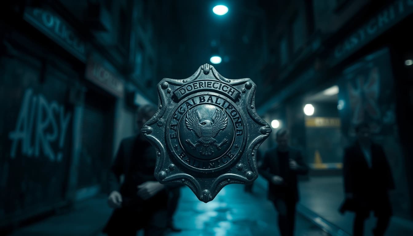 Inspecting the intricate details of a tarnished police badge in Rancid Badges, symbolizing betrayal.