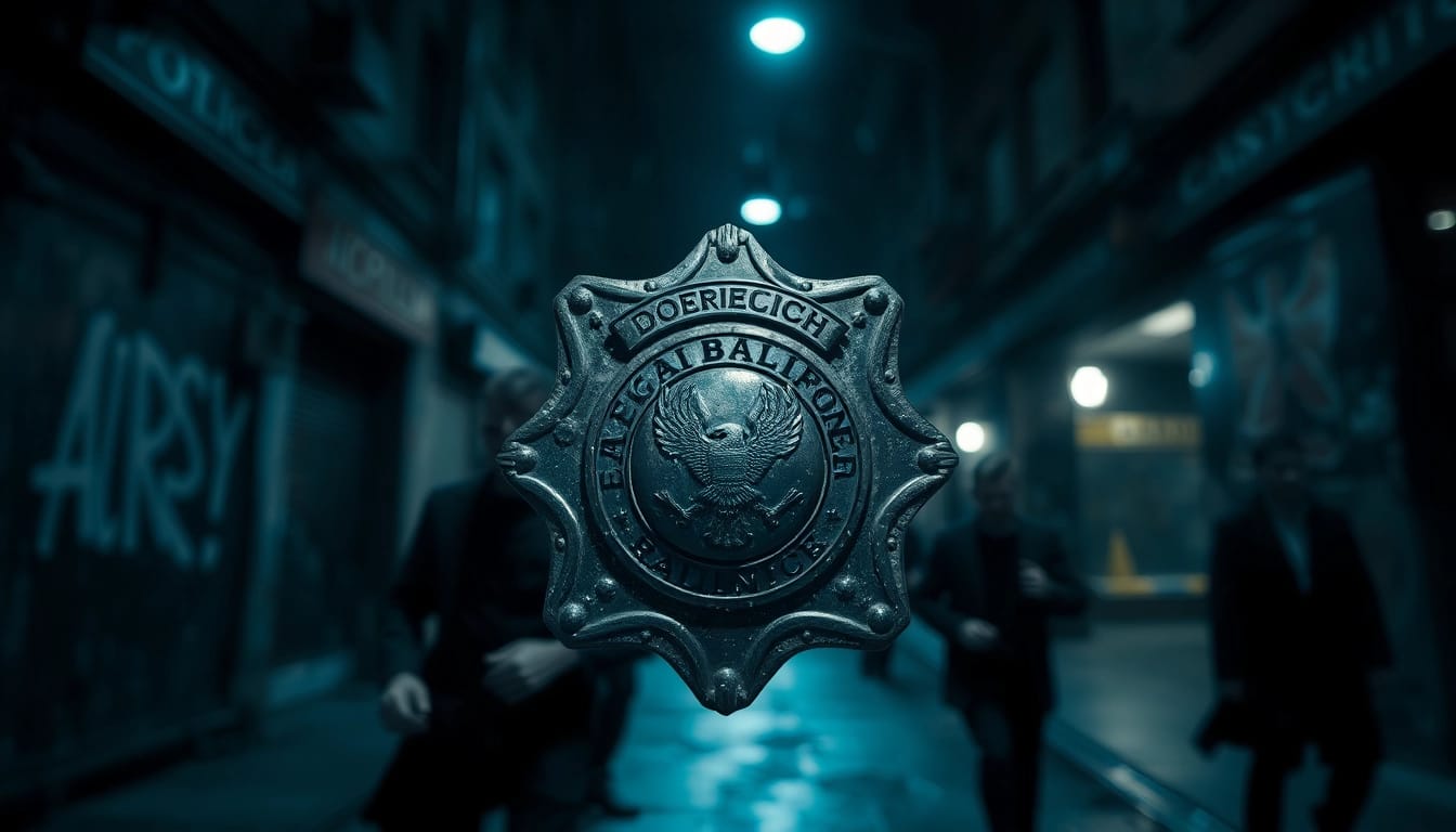 Inspecting the intricate details of a tarnished police badge in Rancid Badges, symbolizing betrayal.