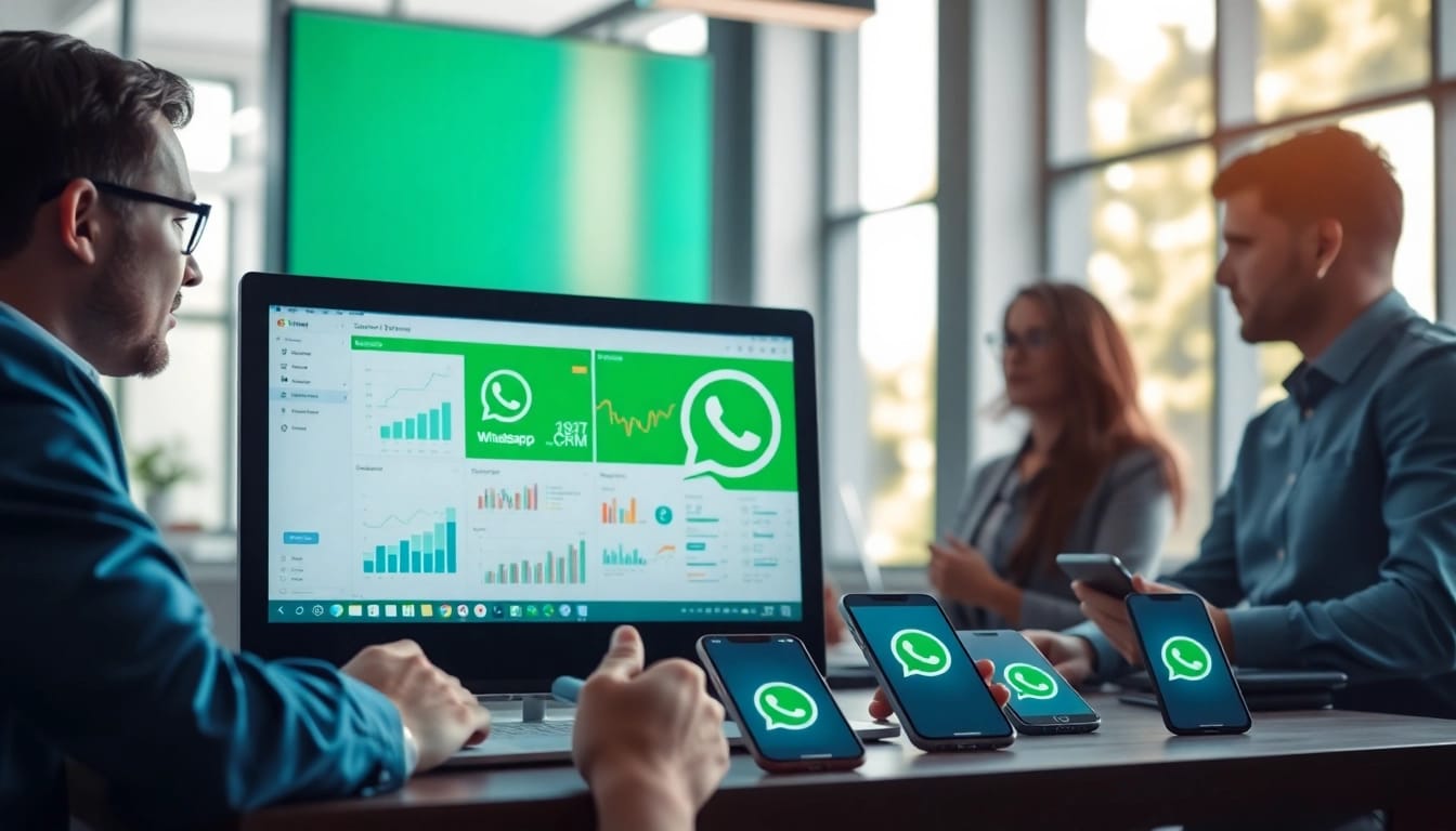 Streamlined business communication using WhatsApp Smart CRM in a professional office setting.
