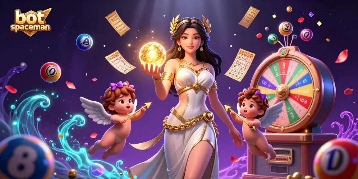 Engage in thrilling gameplay with bot spaceman, featuring vibrant lottery elements and a stunning Grecian goddess amidst a dynamic casino scene.